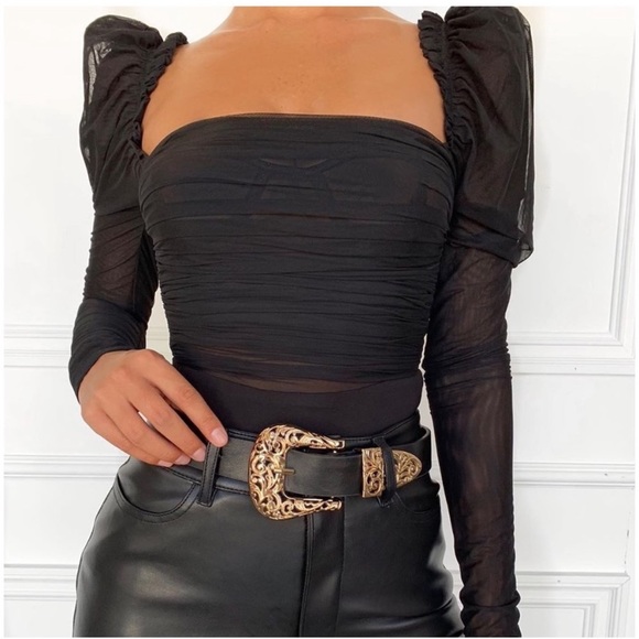 House of CB Tops - House Of CB Emme Ruched Chiffon Bodysuit Black